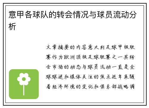 意甲各球队的转会情况与球员流动分析